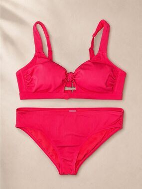 Neon Pink Ribbed Bikini Set Plus Size Colorblock Swimwear Knot Front Top 1X/X